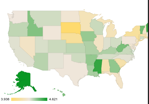 Map of US states with Average Yelp rating of bicycle businesses