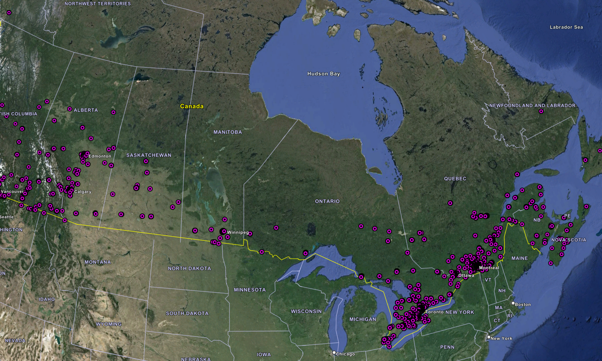 Map of canada with bicycle retailers marked